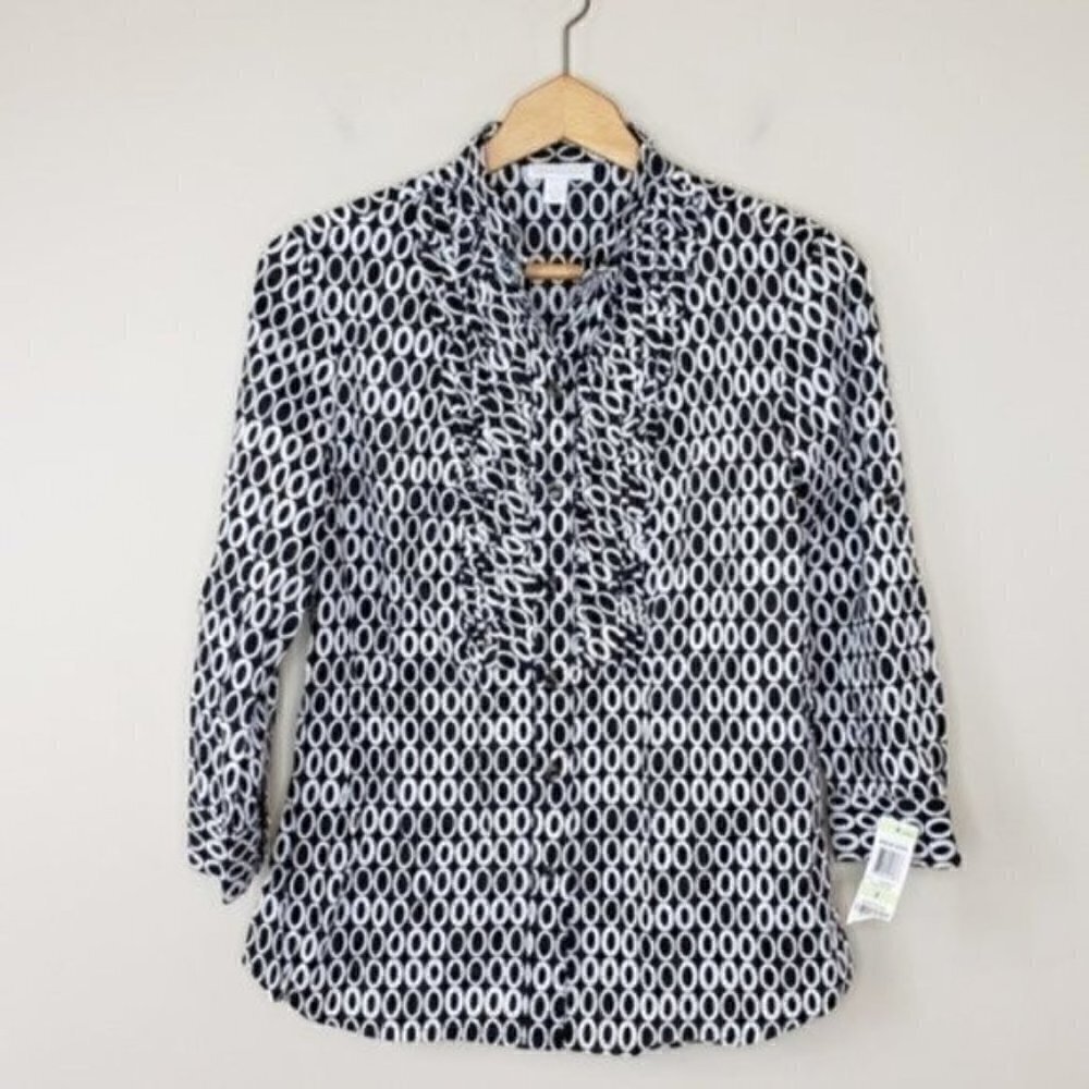 NWT Charter Club Black & White Oval Print 3/4 Sleeve Shirt Size 4 100% Cotton